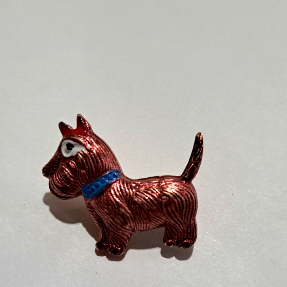 Copper Dog Brooch with Blue Collar Scottish Terrier